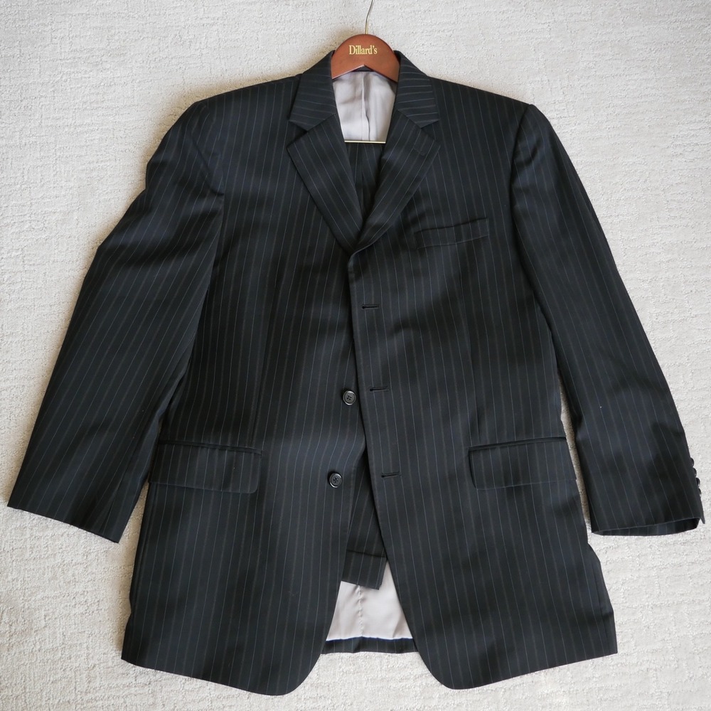 Michael Kors Mens 42L Pinstripe Suit Jacket 100% Wool 3 Button Blazer Black Long